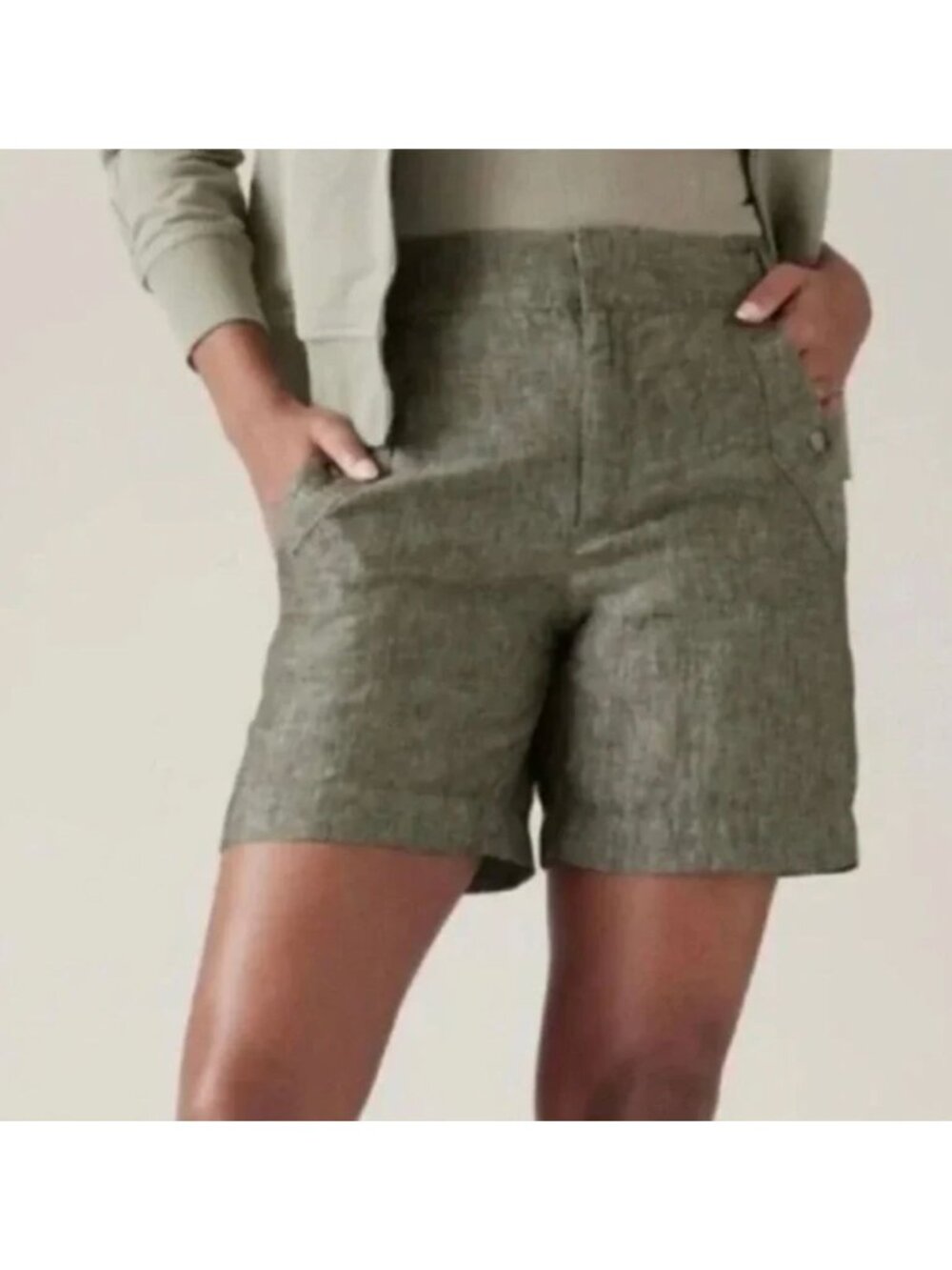 Athleta Green Voyager Linen Shorts Size 10 Pockets Womens Bermuda Golf Casual